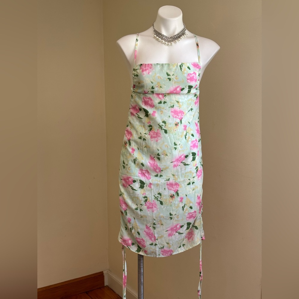 SNDYS Urban Outfitters Cyprus Floral Ruched Cinched Bare Back Mini Dress SZ M